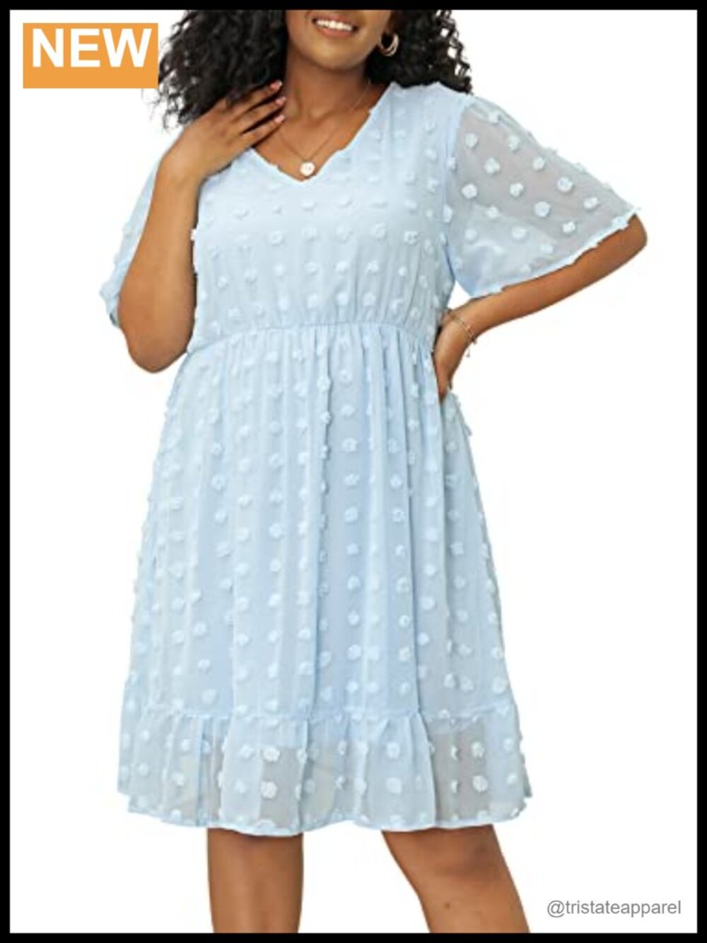 Plus Size V Neck Ruffle Sleeve Swiss Dot Chiffon Midi Dress Casual